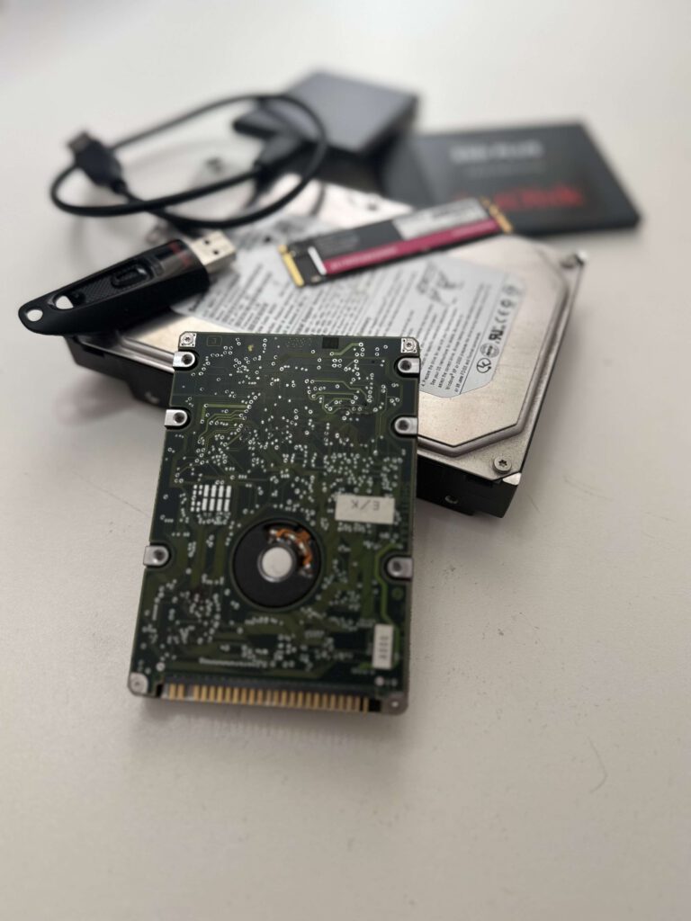 Detailaufnahme verschiedener Datenträger für Datenrettung mit 2,5-Zoll-Festplatte, 3,5-Zoll-Festplatte, M.2-SSD, externer SSD, SATA-SSD und USB-Stick bei Landshut